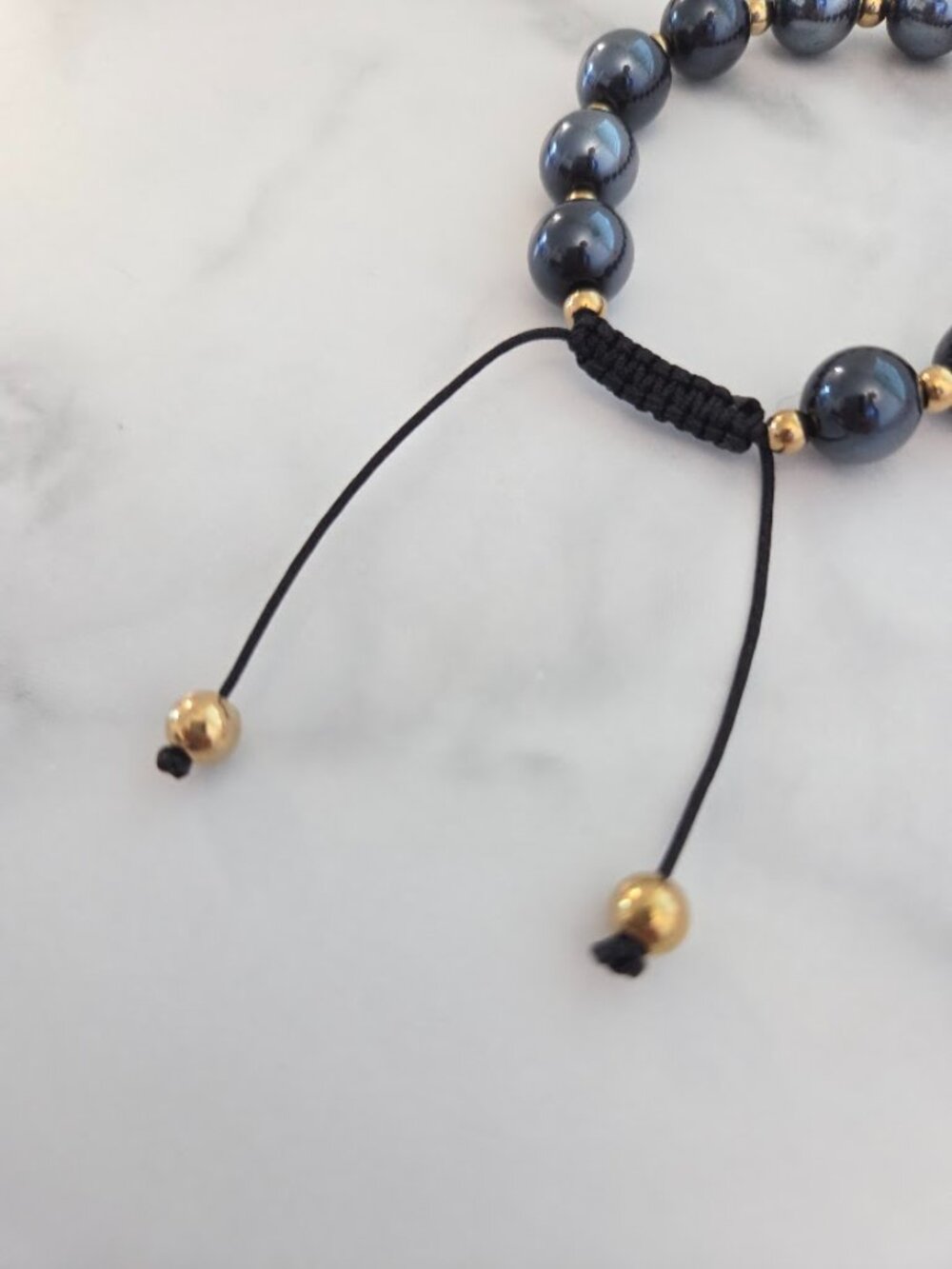 Unisex Dark Metallic Gray Bead Adjustable Macrame Bracelet Gold Accents - Picture 9 of 11